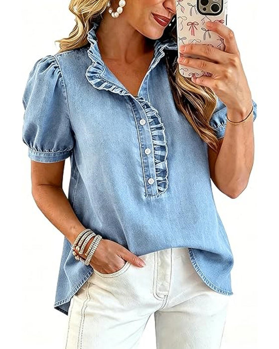 Bluse Knap Op Ruffle Denim