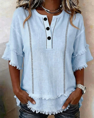 Bluse V-Hals Ruffle Lag Halvknapning Knap