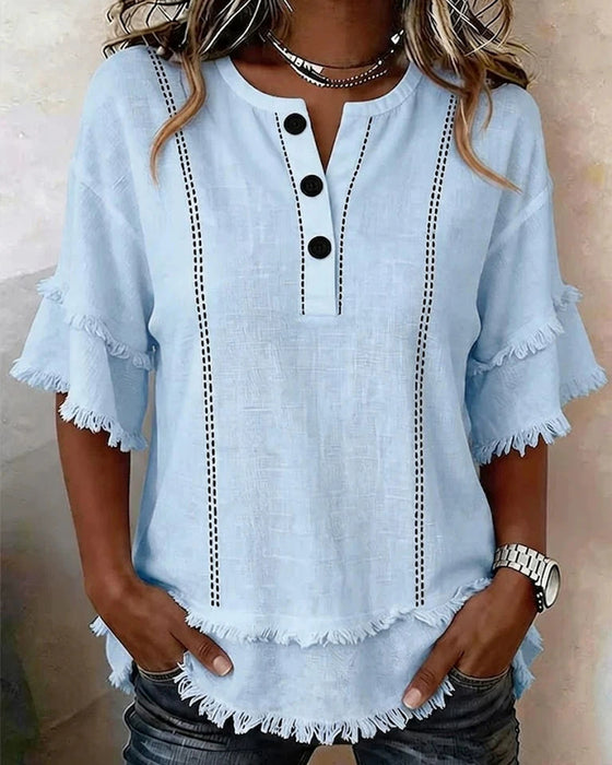 Bluse V-Hals Ruffle Lag Halvknapning Knap