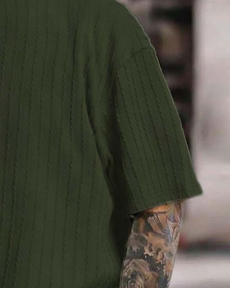 Herres Striberet T-Shirt Og Shorts Toedelt Set