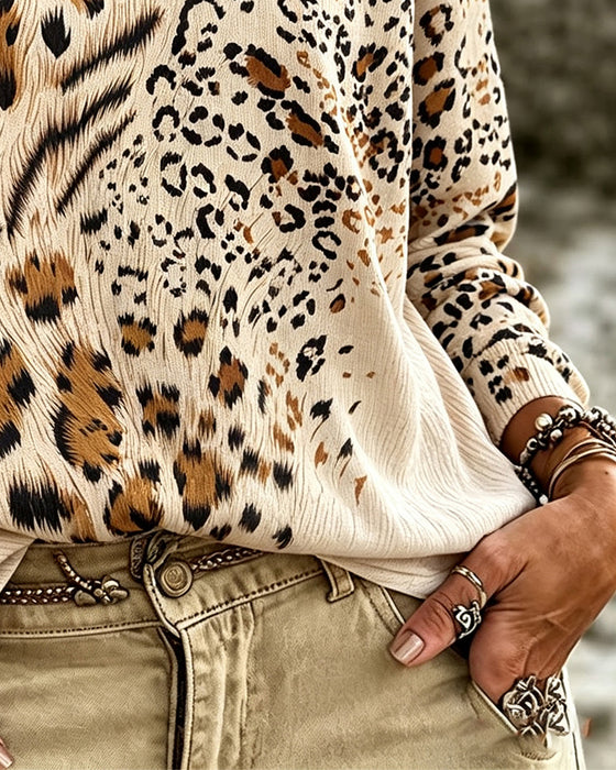 Bluse Rundhalset Leopard Lang Ærme