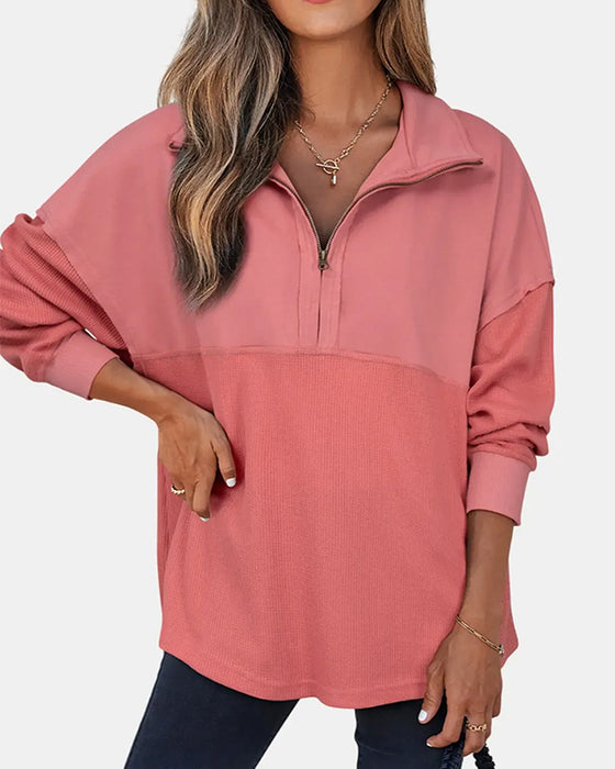 Sweatshirt Halv Lynlås Vaffel Patchwork