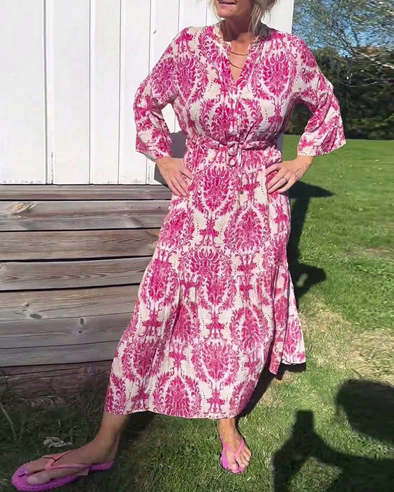 Mønstret kjole med klokkeærmer og snøre