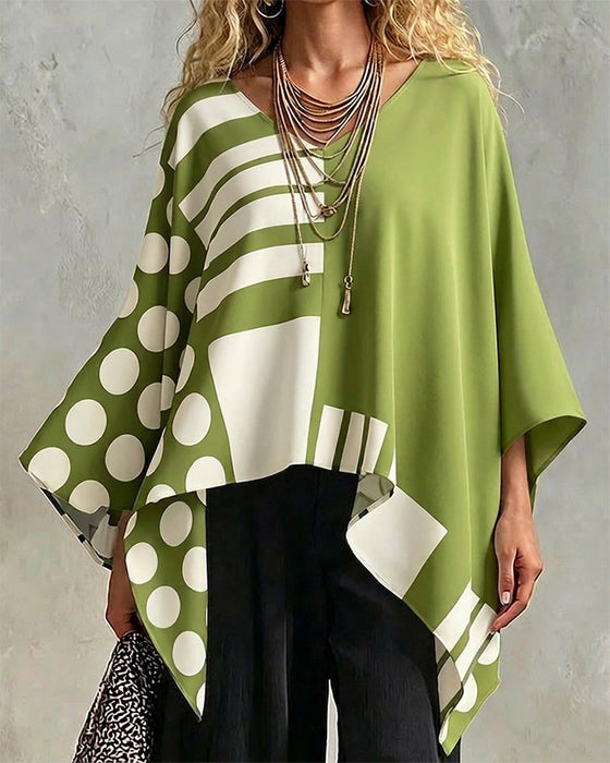 Bluse Polka Dot Stribe Patchwork V Halsudskæring