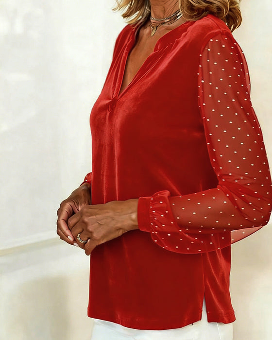 Langærmet Top I Fløjl Med V-Hals