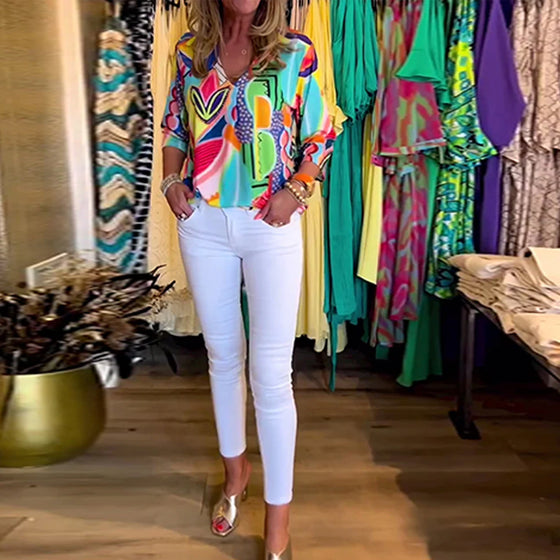Farverig langærmet bluse med print