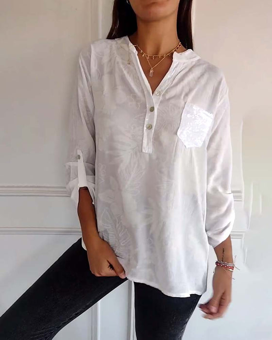 Patchwork top med pailletter med bladtryk