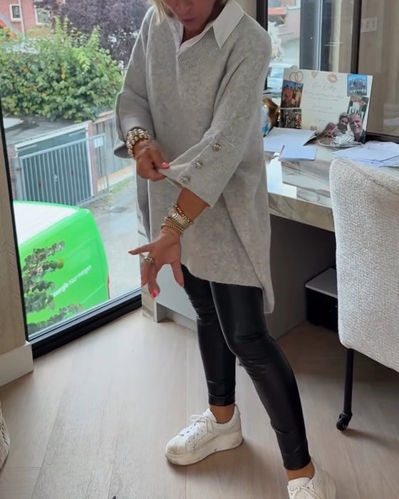 Genser Med V-Hals, Knappet Og Asymmetrisk Egenskaper