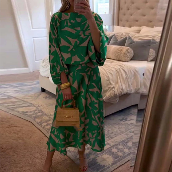 Sæt Kjole Afslappet Trykt Lanterneærmer Temperament