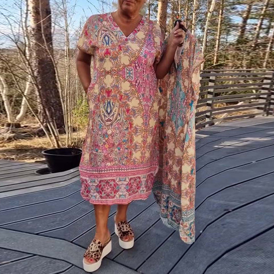 Kjole V-Hals Korte Ærmer Mønstret Løs