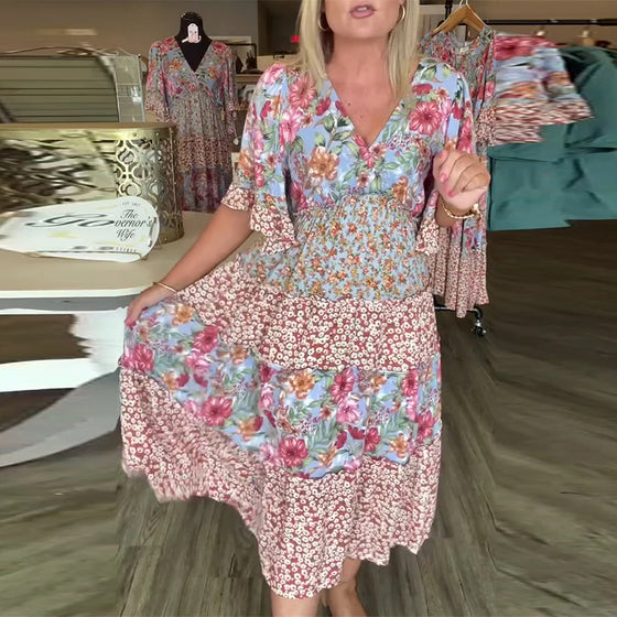 Kjole V-Hals Lotussærme Blomstret