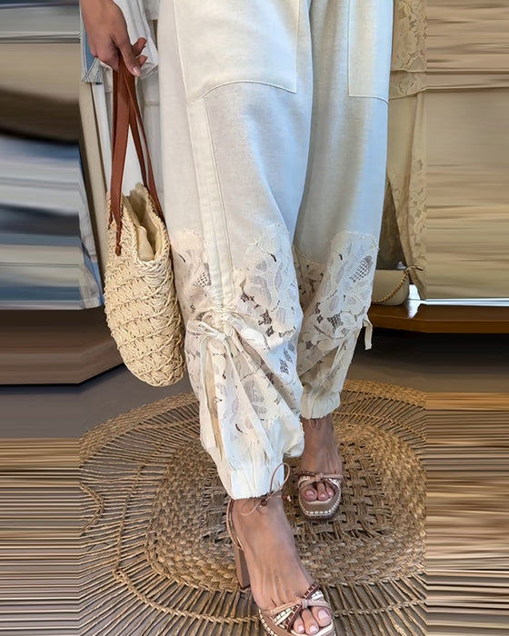 Pants Ensfarvet Blonder Patchwork Rynket Lang