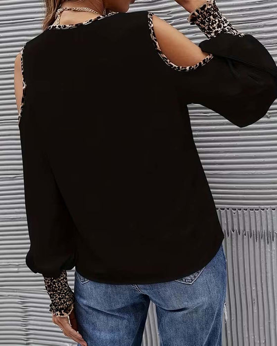 Bluse Off-Skulder Leopard Patchwork Lang Ærme