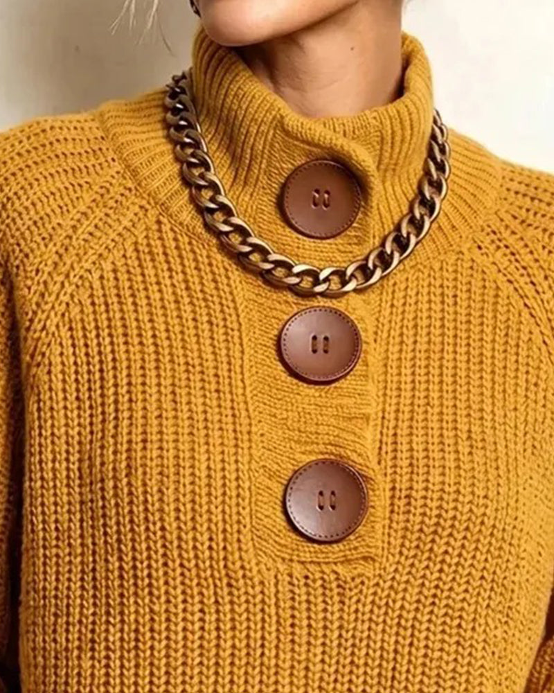 Pullover Turtleneck Knappet Raglanærme