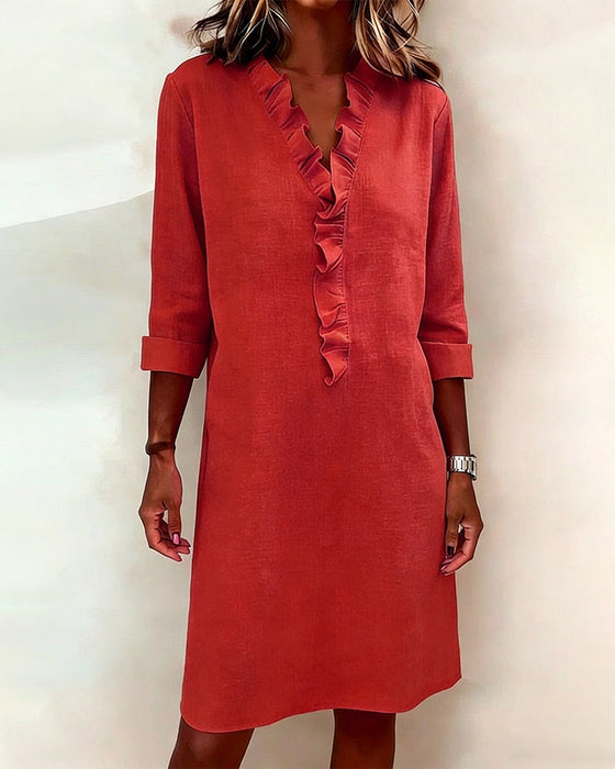 Kjole Rynket V-Hals Ensfarvet