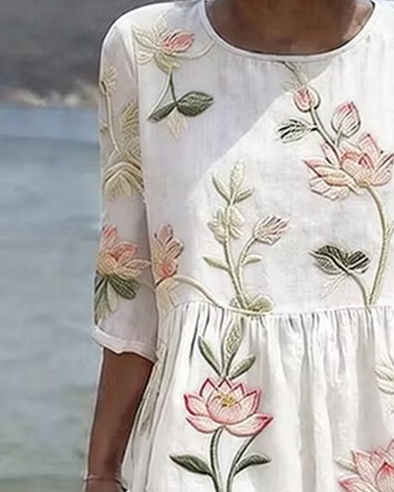 Blomstret Kjole Rundhals
