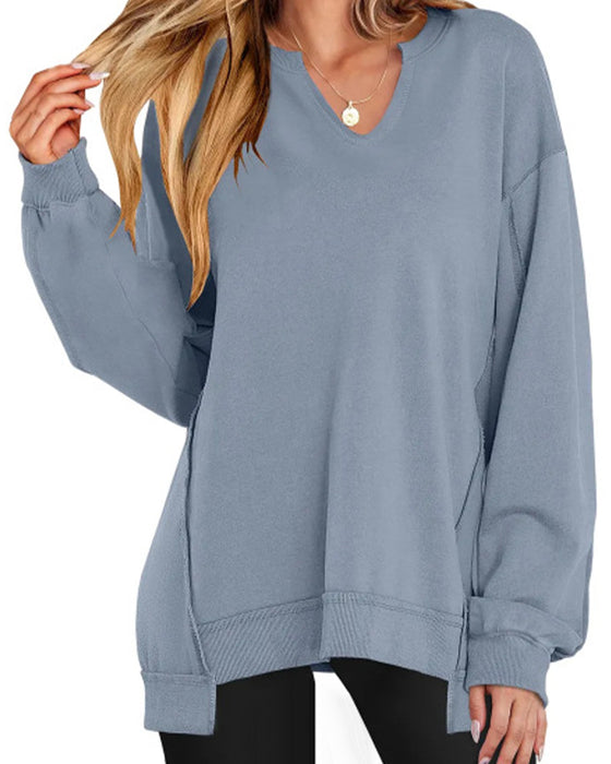 Sweatshirt V-hals Ensfarvet Løstsiddende