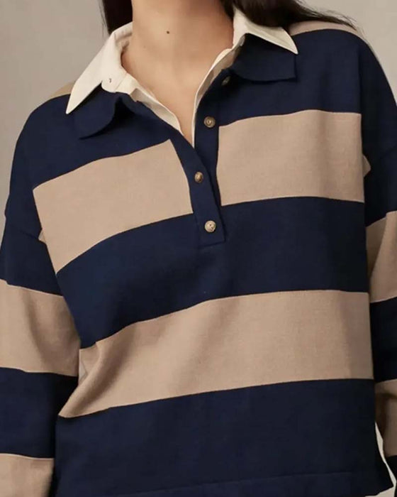 Pullover Med Bred Stribet Knappet Krave