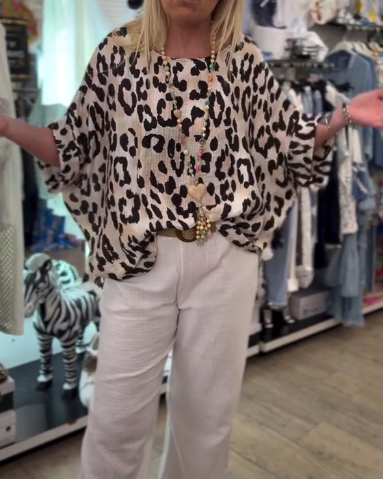 Bluse Med Rund Hals Leopardprint Løs