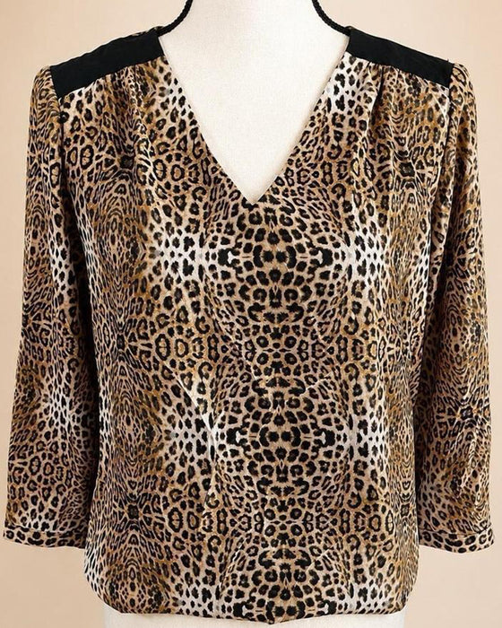 Top V-hals Leopardtryk Tre-kvart Ærme