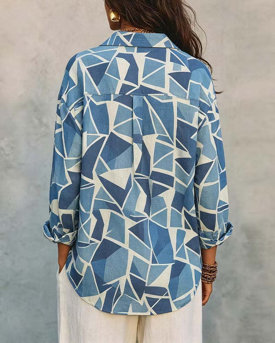 Bluse Geometrisk Tryk Krave Lang Ærme
