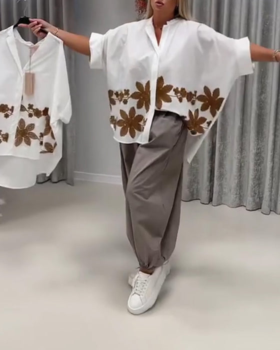 Bluser Blomstret Tryk Mandarin Krave Løs