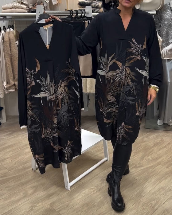 Kjole V-hals Blad Print Langærmet