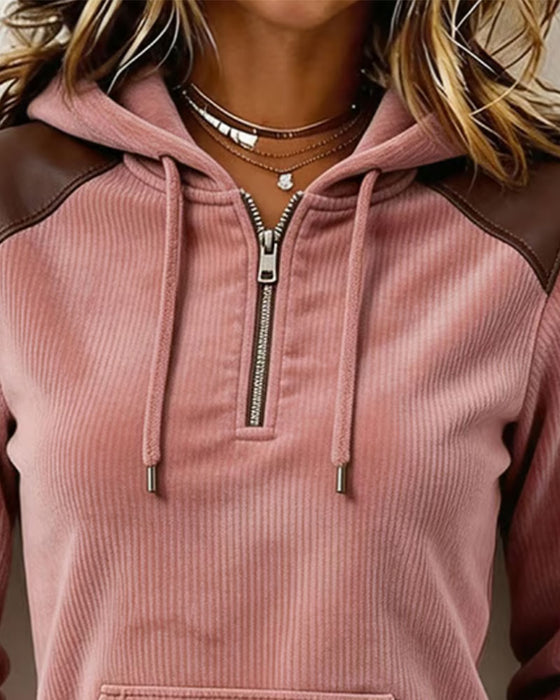 Hoodie Fløjl Halv Lynlås Med Hætte