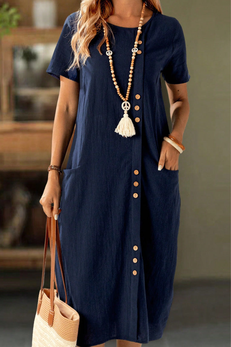 Kjole Knappet Kortærmet Lomme Shift