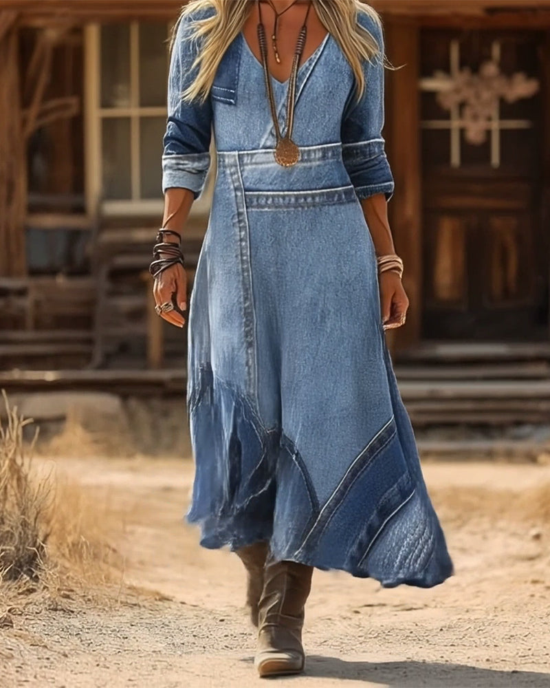 Kjole retro med v-hals og lange ærmer, print