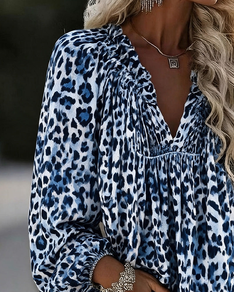 Bluse V-Hals Leopard Tryk Rynket Puffærme