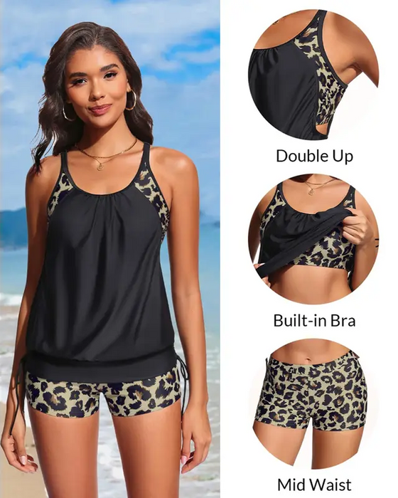 Tankini Ærmeløs Leopard Patchwork Snøre