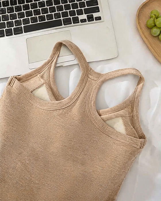 Tanktop Indbygget Bh Ribstrikket Ensfarvet