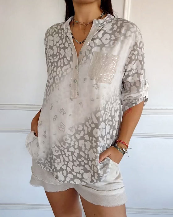 Bluse afslappet standkrave trykt