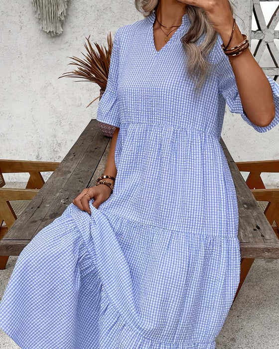 Kjole Blå Hvid Gingham V-Hals