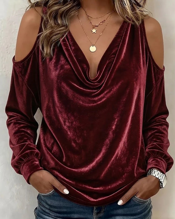 Bluse Fløjl Bardot Cowl Hals Lang Ærme