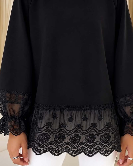 Bluse Patchwork Lang Ærme Rundhalset