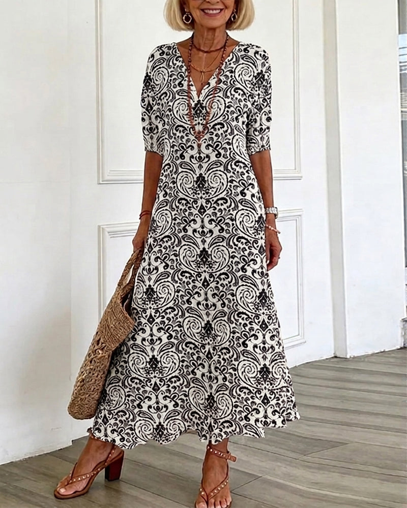 Kjole Vintage Blomstermønster V-Hals Maxi