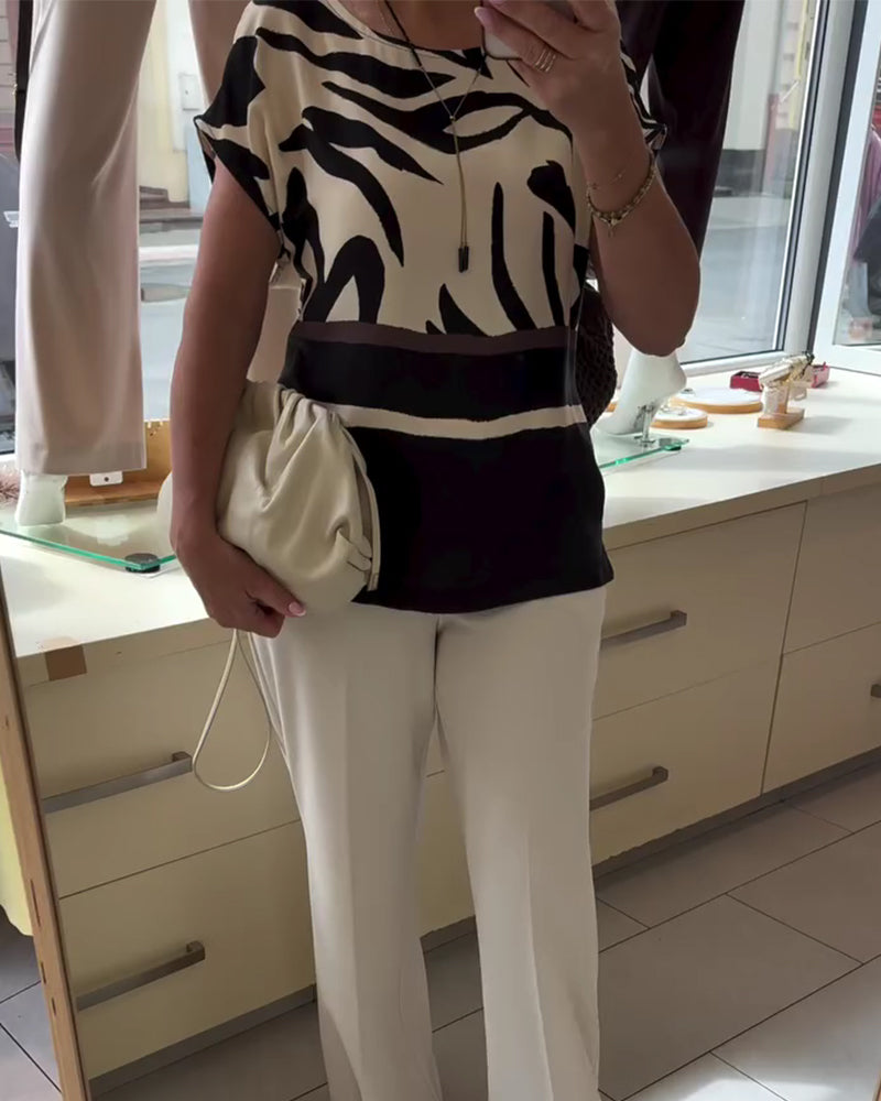 Bluse Rund Hals Geometrisk Patchwork Kort Ærme