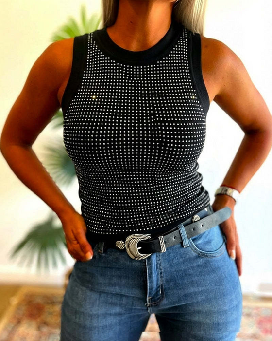 Tanktop Ensfarvet Ribstrikket Strass Tætsiddende