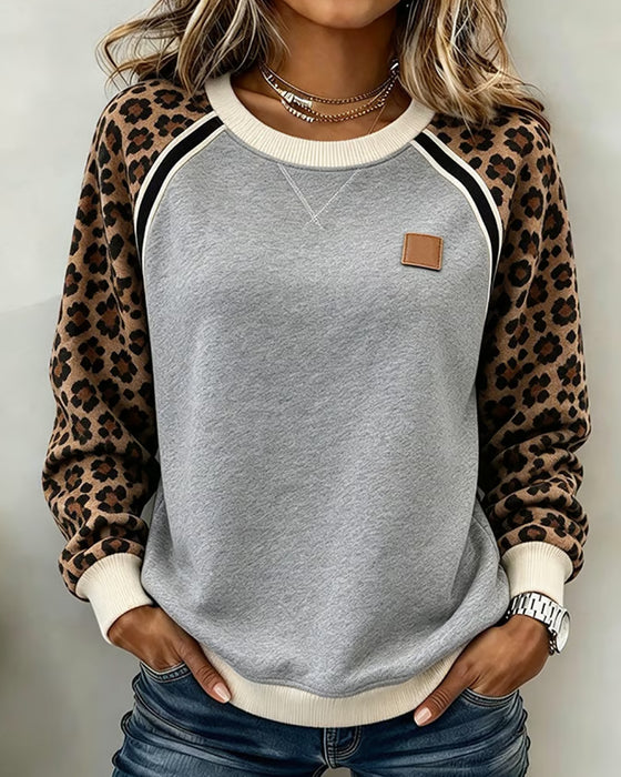 Sweatshirt Leopard Farveblok Rundhalset