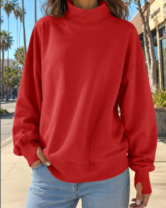 Sweatshirt Høj Hals Droppet Skulder Ensfarvet
