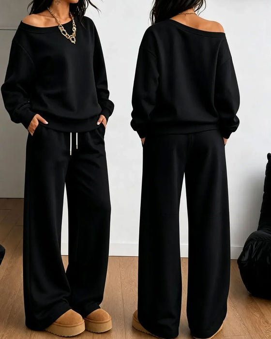 Sæt En Skulder Casual Sweatshirt Lange Bukser