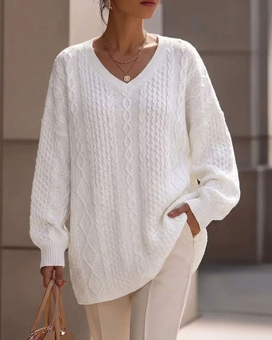 Pullover V-Hals Stilfuld Solid Afslappet Strikket