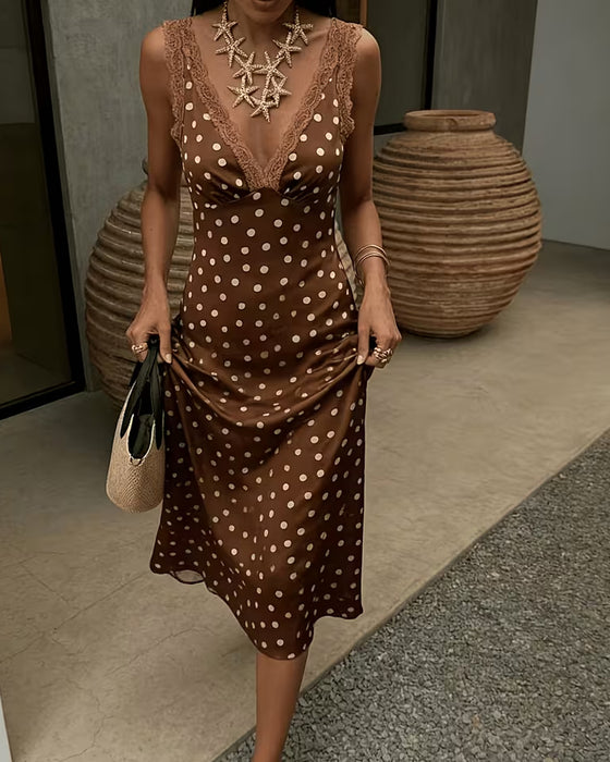 Kjoler V-Hals Polka Dot Blonder Lapværk