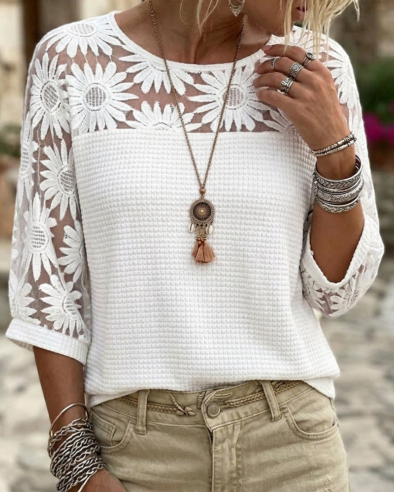 T-Shirt Rund Hals Knipling Vaffel Patchwork
