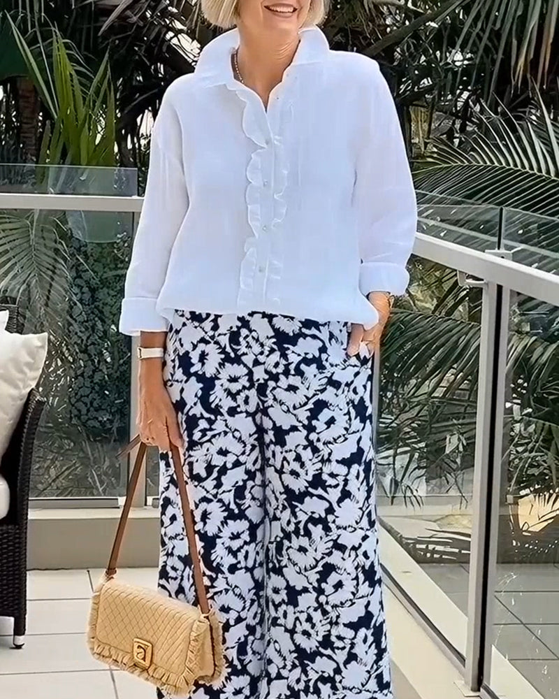 Bluse Rynket Langærmet Ensfarvet Krave