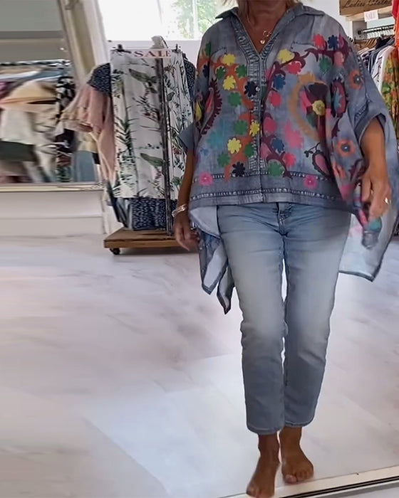 Bluse Uregelmæssig Print Falsk Denim