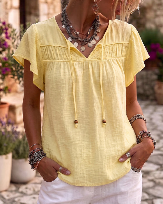 Bluse V-Hals Ensfarvet Casual