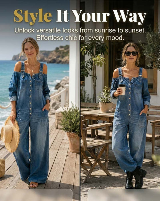 Jumpsuit Spagettibånd Kold Skulder Bred Ben Denim